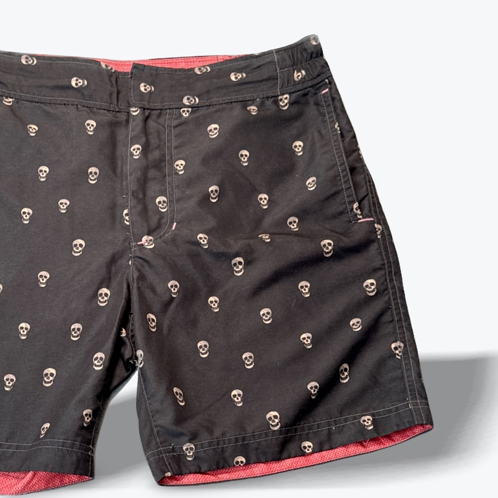 Robert‎ Graham Mens Skull Print Swim Trunks Black Red Pinup Girl Lining Size 30